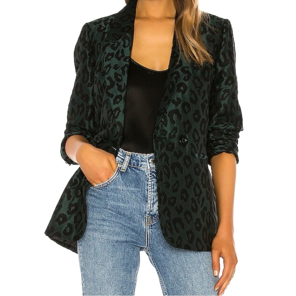 Anine Bing Madeleine Emerald Green & Black Leopard Jacquard Blazer